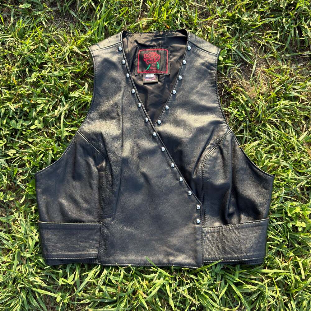 Rose Women's Black Leather Biker Vest with Silver Studs Made in USA